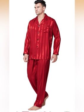 Men’s Red Striped Silk Satin Pajamas